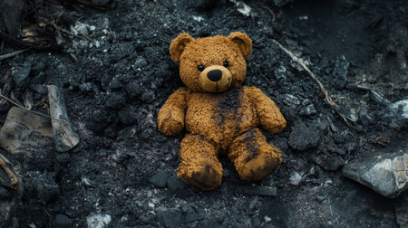 A lone teddy bear lies on a charred ground, symbolizing loss and innocence after a devastating fire. The image evokes emotions of sorrow and nostalgia.の素材