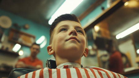 A young boy sits in a vintage barbershop chair, wearing a striped cape. The cheerful child looks content while receiving a haircut in a warm, inviting atmosphere.の素材