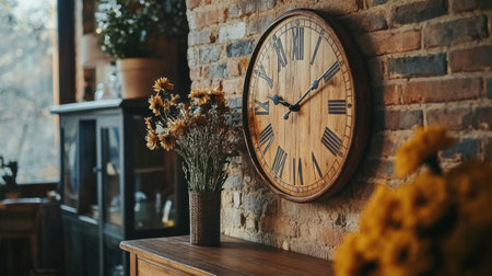 A warm and inviting scene featuring a rustic wooden clock against a brick wall, complemented by vibrant fresh flowers, creating a cozy home atmosphere.の素材