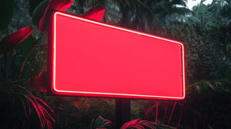 A bright neon red sign stands majestically amid lush tropical plants, creating a striking contrast with the natural greenery, ideal for creative projects.の素材