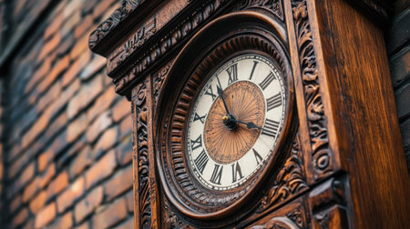 A close-up of a vintage wooden clock beautifully crafted with ornate details, set against a rustic brick wall, showcasing timeless elegance and history.の素材
