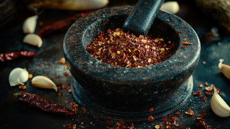 Close-up view of aromatic spices in a rustic mortar, featuring red pepper flakes and garlic cloves, perfect for enhancing flavors in delicious dishes.の素材