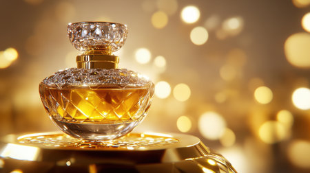 This stunning image features an elegant perfume bottle with golden accents, beautifully set against a bokeh background, evoking luxury and sophistication.の素材