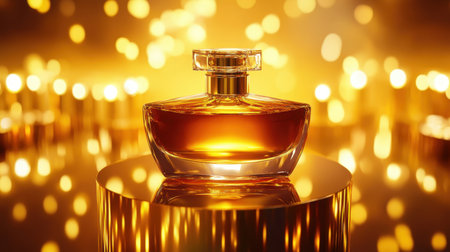 This elegant perfume bottle is showcased against a warm golden background, surrounded by soft bokeh lights, highlighting the glamour and luxury of the fragrance.の素材