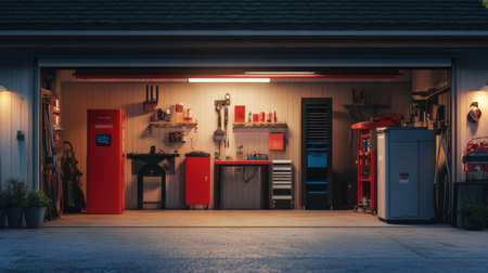 A modern garage workshop featuring organized tools, equipment, and vibrant red storage units. Ideal for DIY projects and vehicle maintenance activities.の素材
