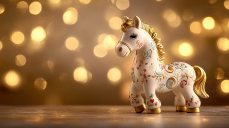 This charming decorative horse figurine showcases intricate floral designs and a soft bokeh background, creating a warm and inviting atmosphere perfect for home decor.の素材
