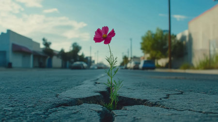 A vibrant flower emerges through a crack in the asphalt, symbolizing resilience and beauty in an urban landscape filled with pavement and sunlight.の素材