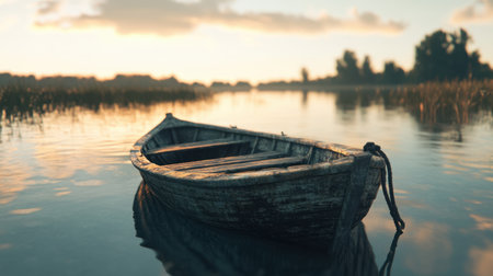 A serene scene of a rustic wooden boat floating gently on a calm lake, surrounded by natural beauty at dusk. The warm colors reflect in the water.の素材