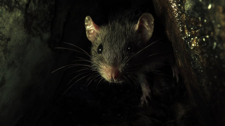 A small dark-haired rodent peers out from its underground hideout, showcasing detailed fur and expressive eyes. This wildlife photograph captures the essence of curiosity in nature.の素材