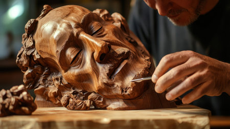 A skilled artisan meticulously carves a detailed wooden sculpture, showcasing fine craftsmanship and dedication to artistry. The serene expression highlights the beauty of the human form.の素材