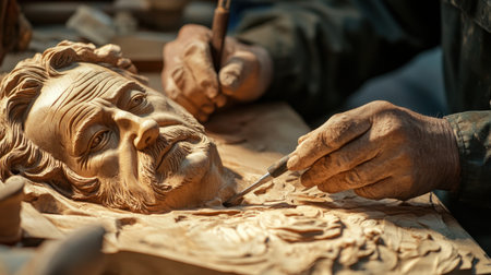 A skilled artisan focuses on carving a detailed wooden portrait, showcasing expert craftsmanship and traditional techniques in an inviting workshop environment.の素材