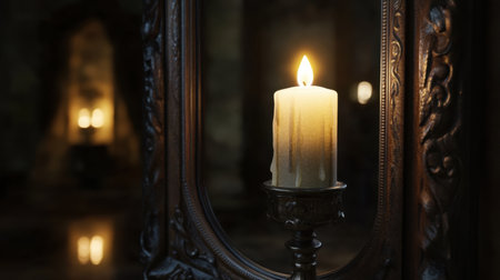 A serene candle flickers softly, reflected in an ornate mirror, casting a warm glow in a tranquil setting. Ideal for themes of ambiance and tranquility.の素材