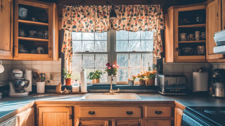 A charming rustic kitchen filled with warm natural light, featuring wooden cabinets, a floral window treatment, and an array of plants, creating an inviting atmosphere for cooking and relaxation.の素材