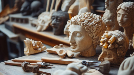 A vibrant workshop filled with intricately carved wooden sculptures, showcasing the creative process of artisans. Various tools and detailed figures create an inspiring artistic atmosphere.の素材