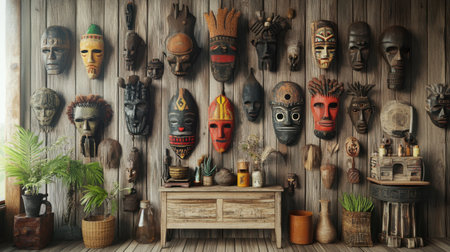 This image showcases a captivating display of colorful traditional masks mounted on a rustic wooden wall, reflecting rich cultural heritage and artistry in decor.の素材