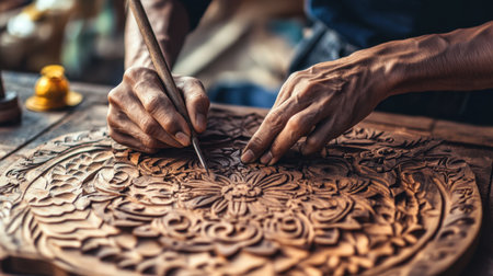A skilled artisan intricately carves a floral design into a wooden surface, showcasing the beauty of traditional craftsmanship in a detailed process.の素材