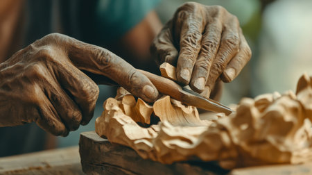 A skilled artisan works meticulously with wood, showcasing the beauty of craftsmanship. This close-up captures the intricate hands and tools involved in the process.の素材