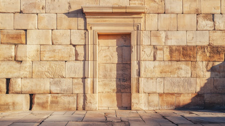 This image showcases a weathered stone wall featuring an empty doorway, illuminated beautifully by warm golden hour sunlight, creating a serene atmosphere.の素材