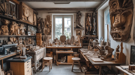 A detailed view of a woodworking studio showcasing various handmade sculptures, tools, and creative materials, reflecting the artistry and craftsmanship involved.の素材