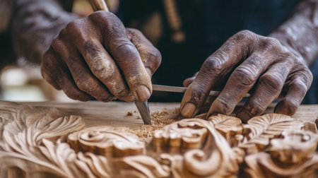The image captures the skilled hands of an artisan engaged in the intricate process of wood carving, showcasing the artistry and dedication involved in creating beautiful wooden designs.の素材