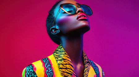A stunning portrait of a fashionable woman wearing oversized sunglasses, showcasing vibrant colors and artistic lighting that highlights her confident expression.の素材