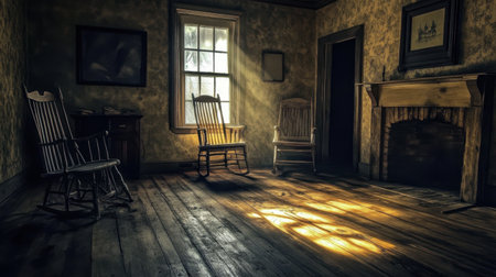 A cozy vintage room featuring two rocking chairs illuminated by warm sunlight. The rustic wooden floor and soft shadows create a peaceful atmosphere perfect for relaxation.の素材