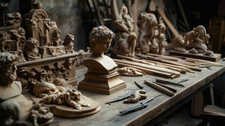 A captivating woodworking scene featuring detailed sculptures and tools on a workshop table. Experience the artistry and craftsmanship in this creative environment.の素材