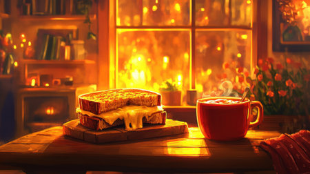 A cozy scene featuring a warm sandwich with melted cheese and a steaming drink beside it, illuminated by the enchanting glow from the window, creating a perfect atmosphere for relaxation.の素材