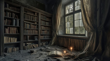 Explore the haunting beauty of an abandoned library filled with dusty books, flickering candlelight, and an atmosphere of timeless solitude. Perfect for conveying mystery.の素材