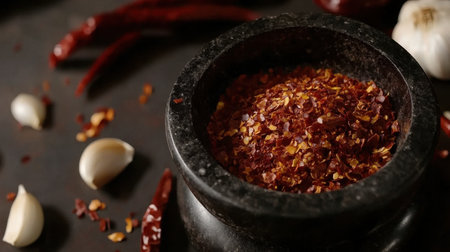 A close-up view of red chili flakes in a traditional mortar surrounded by garlic cloves and dried chili peppers. Perfect for showcasing spice in cuisine.の素材