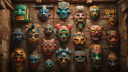 A vibrant display of ancient masks arranged on a stone wall, showcasing intricate designs and rich cultural heritage, perfect for art and history enthusiasts.の素材
