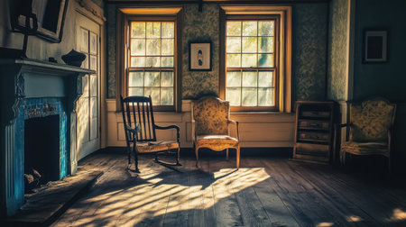 A tranquil vintage room showcasing elegant chairs and a fireplace, with sunlight casting beautiful shadows on the wooden floor. A peaceful atmosphere.の素材