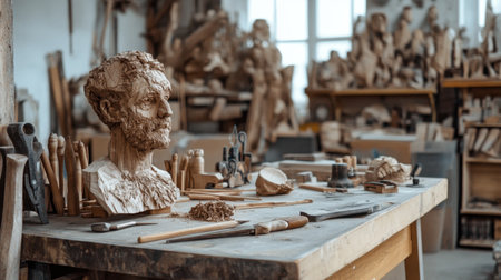 A wooden sculpture workshop filled with intricate carvings, tools, and wood shavings. The space exudes creativity and craftsmanship, highlighting the art of sculpting.の素材
