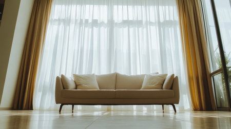 A cozy living room scene featuring a beige sofa against bright curtains. Natural light filters through the sheer fabric, creating a warm, inviting atmosphere.の素材