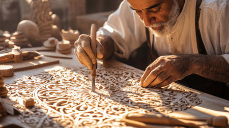A skilled artisan meticulously carves an intricate wooden pattern in his workshop. The warm light enhances the beauty of the wood and highlights the dedication involved in this traditional craft.の素材