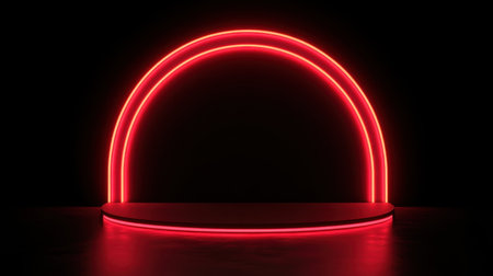 A striking neon arch with red lights creates a modern display area against a dark background, ideal for creative showcases and events. Perfect for visual presentations.の素材