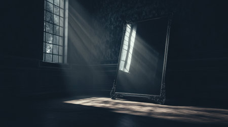 A vintage mirror stands in an empty room, illuminated by soft rays of light streaming through a window, creating a tranquil and serene atmosphere.の素材