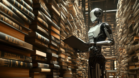 A futuristic robot stands in a library filled with books, showcasing the blend of technology and knowledge. The scene invites contemplation about the future of learning.の素材