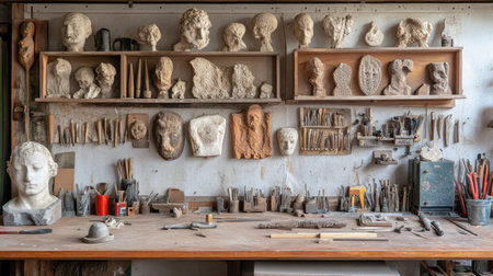 Explore the vibrant atmosphere of a sculptor's workshop, filled with sculptures and sculpting tools. Discover the artistic creativity and craftsmanship in this inspiring setting.の素材