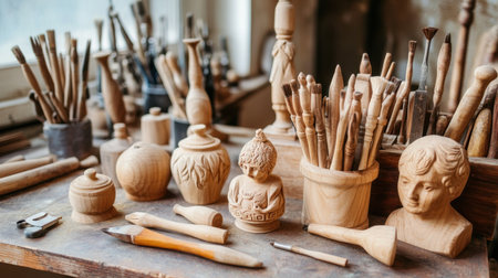 A beautifully arranged wooden workshop capturing the essence of creativity, featuring intricately carved wooden sculptures and an array of artisan tools. Perfect ambiance for inspiration.の素材