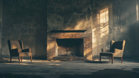 An atmospheric view of an empty vintage room featuring two chairs facing a faded brick fireplace, with soft sunlight filtering through the window, creating a sense of solitude and nostalgia.の素材