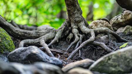 A close-up view of intricate tree roots emerging from rocky soil, surrounded by lush greenery, showcasing the beauty of nature and the complexity of growth in a forest environment.の素材
