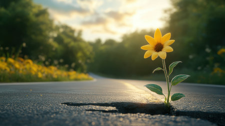 A solitary yellow flower emerges from a crack in the road, symbolizing resilience and beauty amidst adversity. The sunset bathes the scene in warm light.の素材
