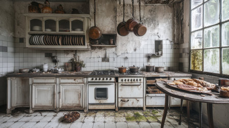 A captivating abandoned kitchen showcases vintage cookware and rustic charm. The peeling paint and worn surfaces create a nostalgic atmosphere filled with character.の素材