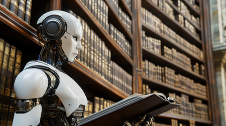 A humanoid robot stands in an impressive library, holding a book. This image captures the blend of technology and knowledge, symbolizing future learning and innovation.の素材