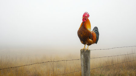 A majestic rooster perches on a wooden post, surrounded by a foggy rural landscape. The vibrant colors of its feathers stand out against the misty background, creating a serene and tranquil scene ideal for nature and farm-themed projects.の素材
