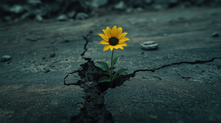 A striking image of a vibrant sunflower emerging through cracked dry earth, symbolizing resilience and beauty in harsh conditions. Perfect for nature-themed projects.の素材