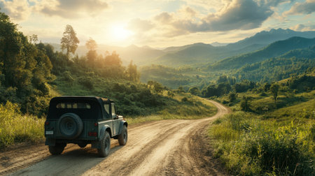 A rugged jeep parked on a dusty road amidst a stunning mountain landscape during sunset. The serene scenery showcases lush greenery and a captivating sky.の素材