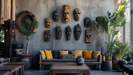 This image showcases a cozy bohemian living room adorned with wooden tribal masks, vibrant cushions, and lush greenery, creating an inviting atmosphere perfect for relaxation.の素材