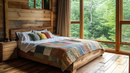 This cozy rustic bedroom features a large window with stunning views of nature. The warm wooden decor and vibrant quilt create an inviting atmosphere perfect for relaxation.の素材